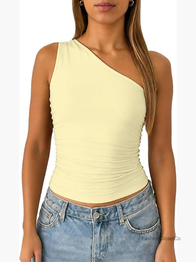 Women One Shoulder Tank Top Double Lined Ruched Sleeveless Y2k Summer Top